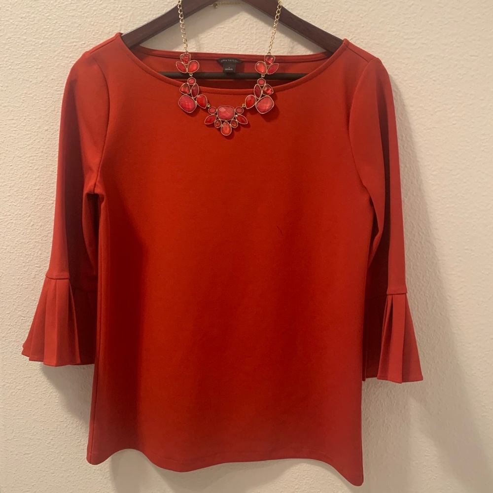 Ann Taylor 3/4 Pleated Bell Sleeve Red Top - S